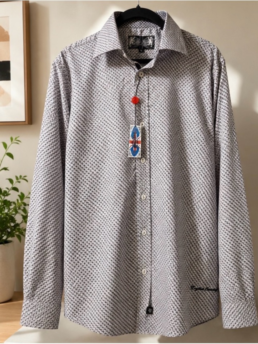 NWT English Laundry Men’s Geometric Dress Shirt XL Grey White Mauve Long Sleeve